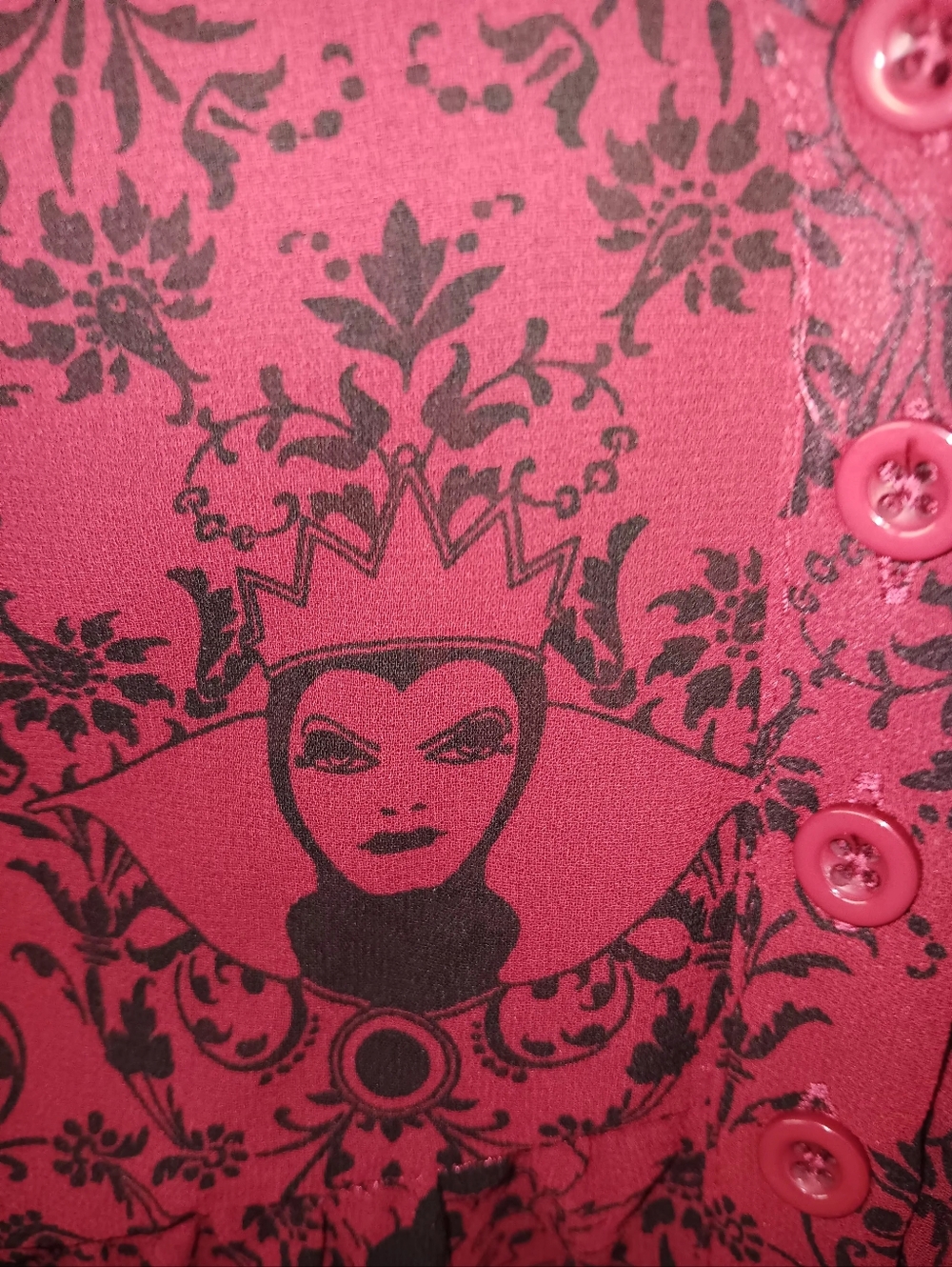 Disney Burgundy Floral Print Button-Front Long Sleeve Sheer Dress - Picture 10 of 11